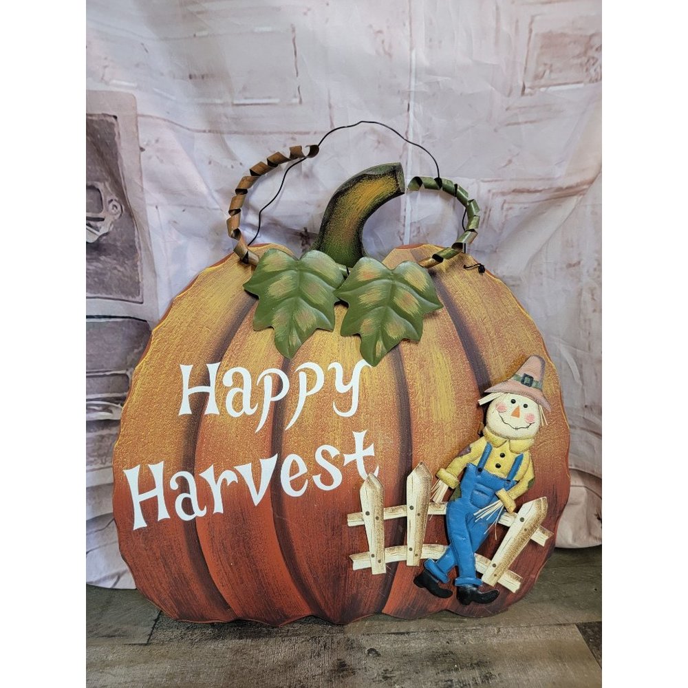 Wooden Happy Harvest pumpkin scarecrow Fall autumn sign decor